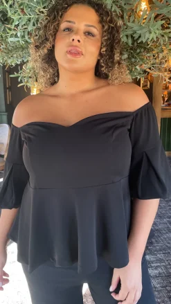 CurveWow Peplum Sweetheart Bardot Top Black