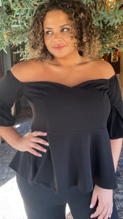 CurveWow Peplum Sweetheart Bardot Top Black