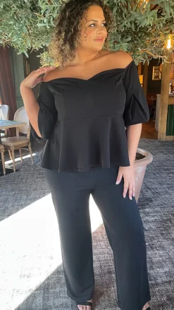 CurveWow Peplum Sweetheart Bardot Top Black