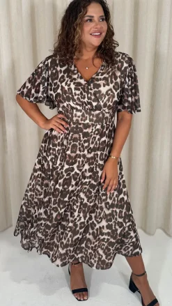 CurveWow Petite Mesh Angel Sleeve Dress Leopard
