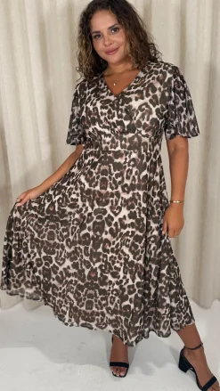 CurveWow Petite Mesh Angel Sleeve Dress Leopard