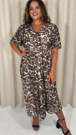 CurveWow Petite Mesh Angel Sleeve Dress Leopard