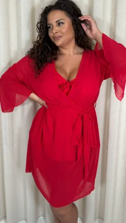 CurveWow Plain Mini Beach Kaftan Red Floral