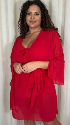 CurveWow Plain Mini Beach Kaftan Red Floral