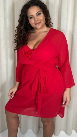 CurveWow Plain Mini Beach Kaftan Red Floral