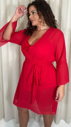 CurveWow Plain Mini Beach Kaftan Red Floral