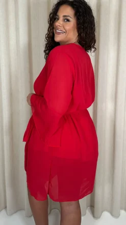 CurveWow Plain Mini Beach Kaftan Red Floral