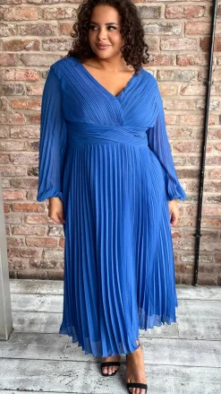 CurveWow Pleated Wrap Midi Dress Blue