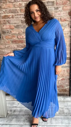 CurveWow Pleated Wrap Midi Dress Blue