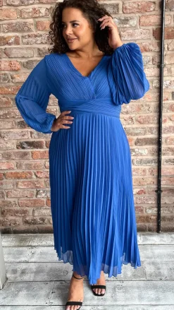 CurveWow Pleated Wrap Midi Dress Blue