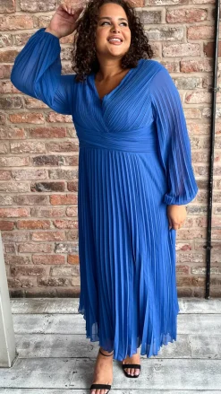 CurveWow Pleated Wrap Midi Dress Blue