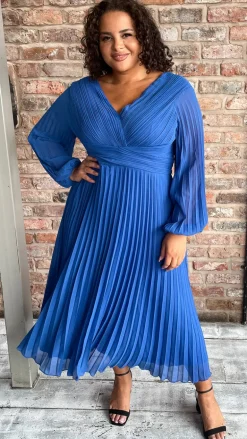 CurveWow Pleated Wrap Midi Dress Blue