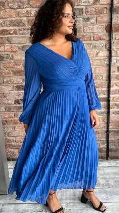 CurveWow Pleated Wrap Midi Dress Blue