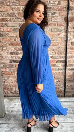CurveWow Pleated Wrap Midi Dress Blue