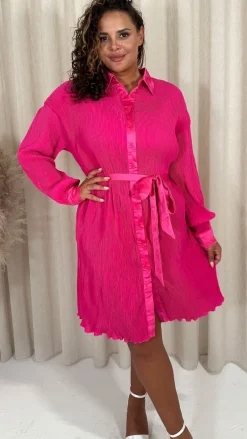 CurveWow Plisse Mini Shirt Dress Pink