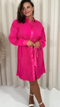 CurveWow Plisse Mini Shirt Dress Pink