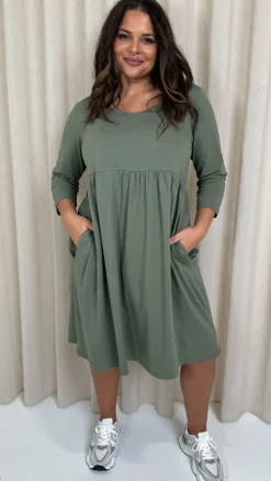 CurveWow Pocket Smock Dress Khaki