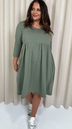CurveWow Pocket Smock Dress Khaki