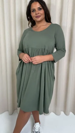 CurveWow Pocket Smock Dress Khaki