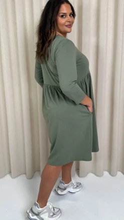 CurveWow Pocket Smock Dress Khaki