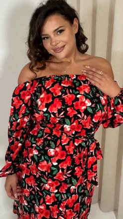 CurveWow Printed Bardot Midi Dress Red Floral
