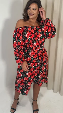 CurveWow Printed Bardot Midi Dress Red Floral