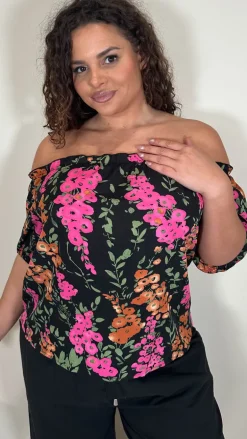 CurveWow Printed Bardot Top Black Floral