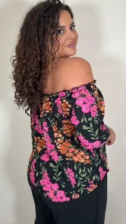 CurveWow Printed Bardot Top Black Floral