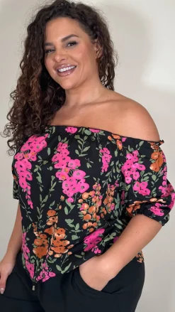 CurveWow Printed Bardot Top Black Floral