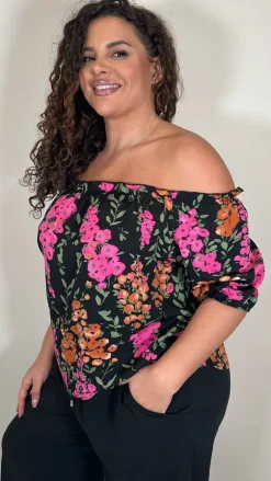 CurveWow Printed Bardot Top Black Floral
