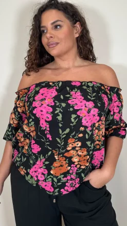 CurveWow Printed Bardot Top Black Floral
