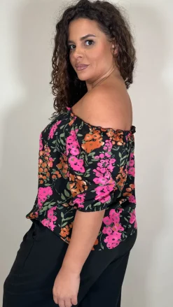CurveWow Printed Bardot Top Black Floral