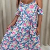 CurveWow Printed Cold Shoulder Maxi Dress Blue Multi Floral