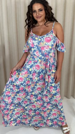 CurveWow Printed Cold Shoulder Maxi Dress Blue Multi Floral