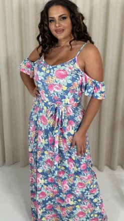 CurveWow Printed Cold Shoulder Maxi Dress Blue Multi Floral
