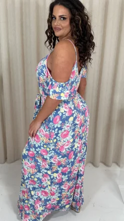 CurveWow Printed Cold Shoulder Maxi Dress Blue Multi Floral