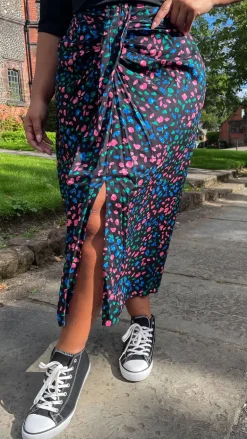 CurveWow Printed Drape Front Midi Skirt Multi Animal