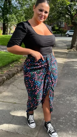 CurveWow Printed Drape Front Midi Skirt Multi Animal