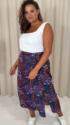 CurveWow Printed Drape Front Midi Skirt Mixed Patchwork Floral