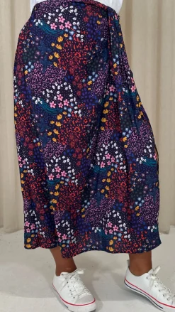 CurveWow Printed Drape Front Midi Skirt Mixed Patchwork Floral