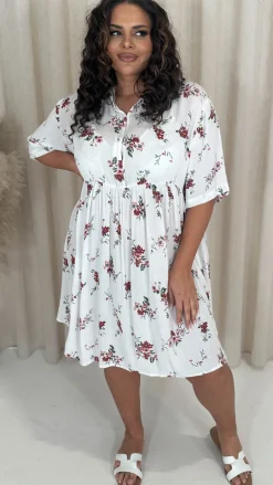 CurveWow Printed Drop Waist Shirt Dress White