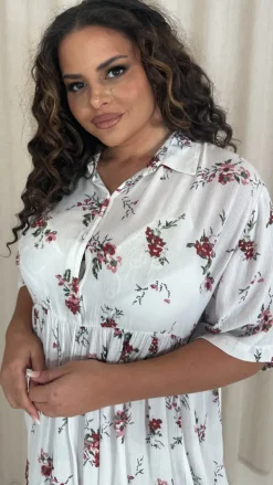 CurveWow Printed Drop Waist Shirt Dress White