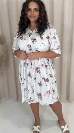 CurveWow Printed Drop Waist Shirt Dress White