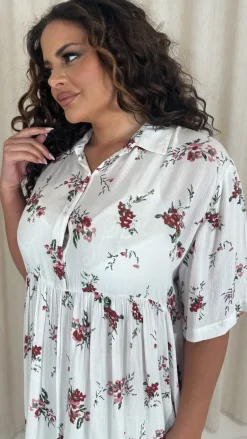 CurveWow Printed Drop Waist Shirt Dress White