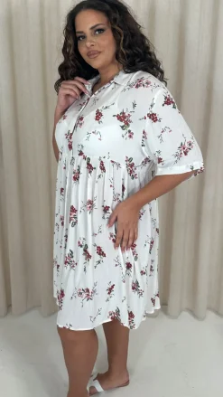 CurveWow Printed Drop Waist Shirt Dress White