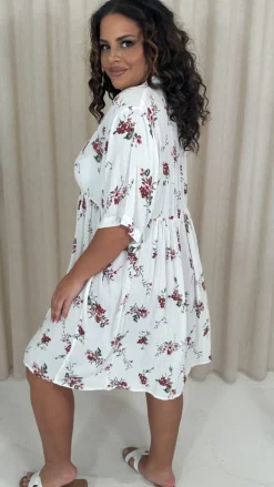 CurveWow Printed Drop Waist Shirt Dress White