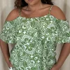 CurveWow Printed Frill Cold Shoulder Top Green Tile