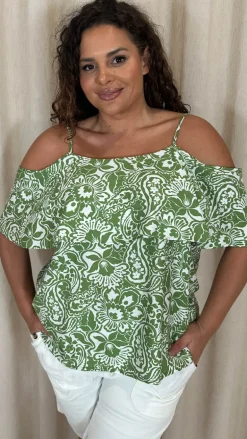 CurveWow Printed Frill Cold Shoulder Top Green Tile