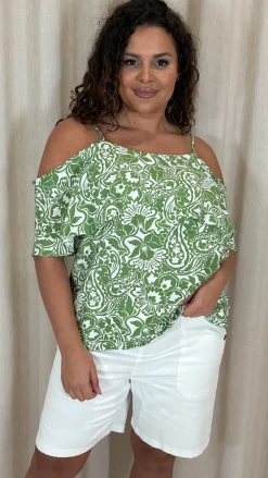 CurveWow Printed Frill Cold Shoulder Top Green Tile