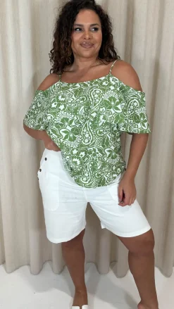 CurveWow Printed Frill Cold Shoulder Top Green Tile